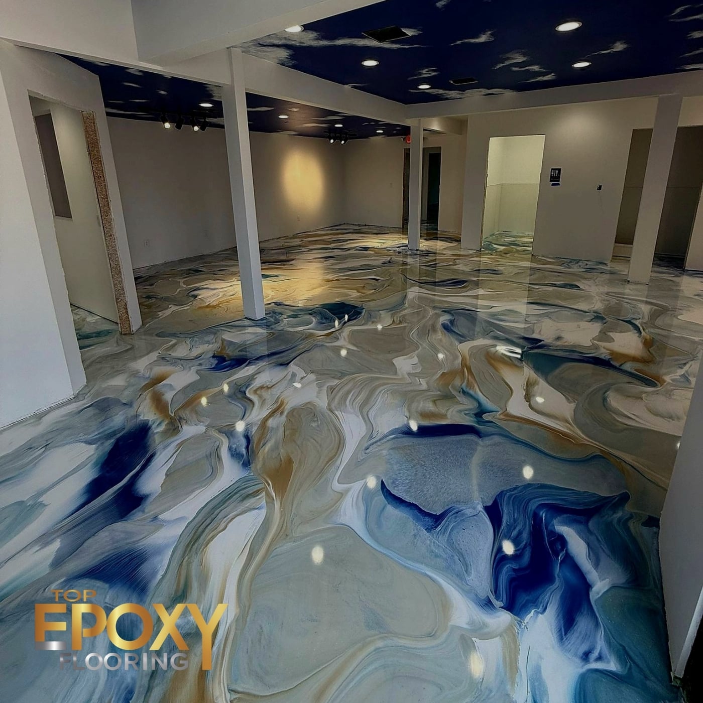 white blue and sand metallic marble epoxy flooring